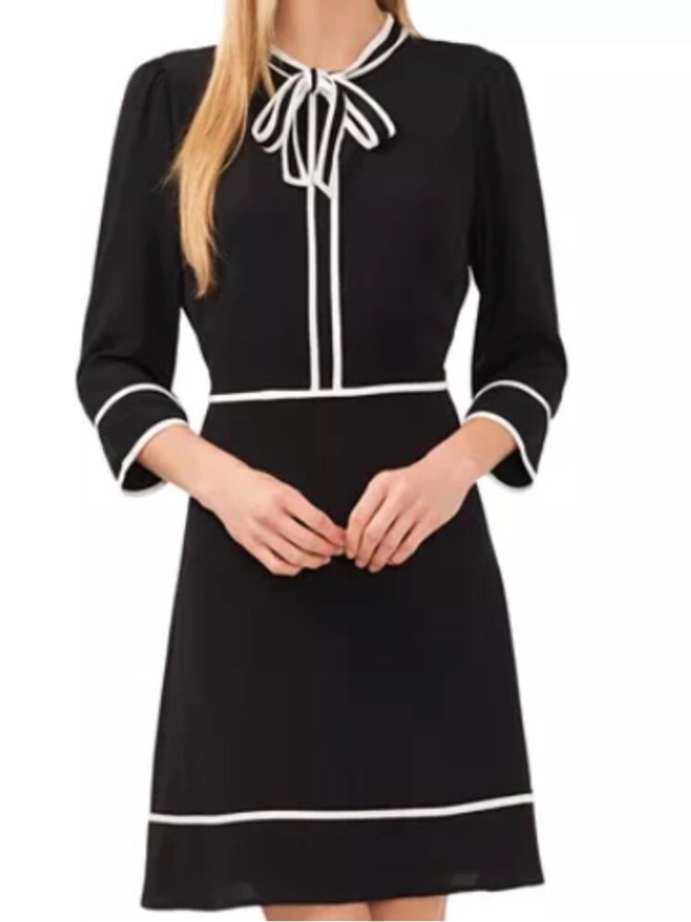 CeCe Black Long-Sleeve Bow-Tie Contrast Dress